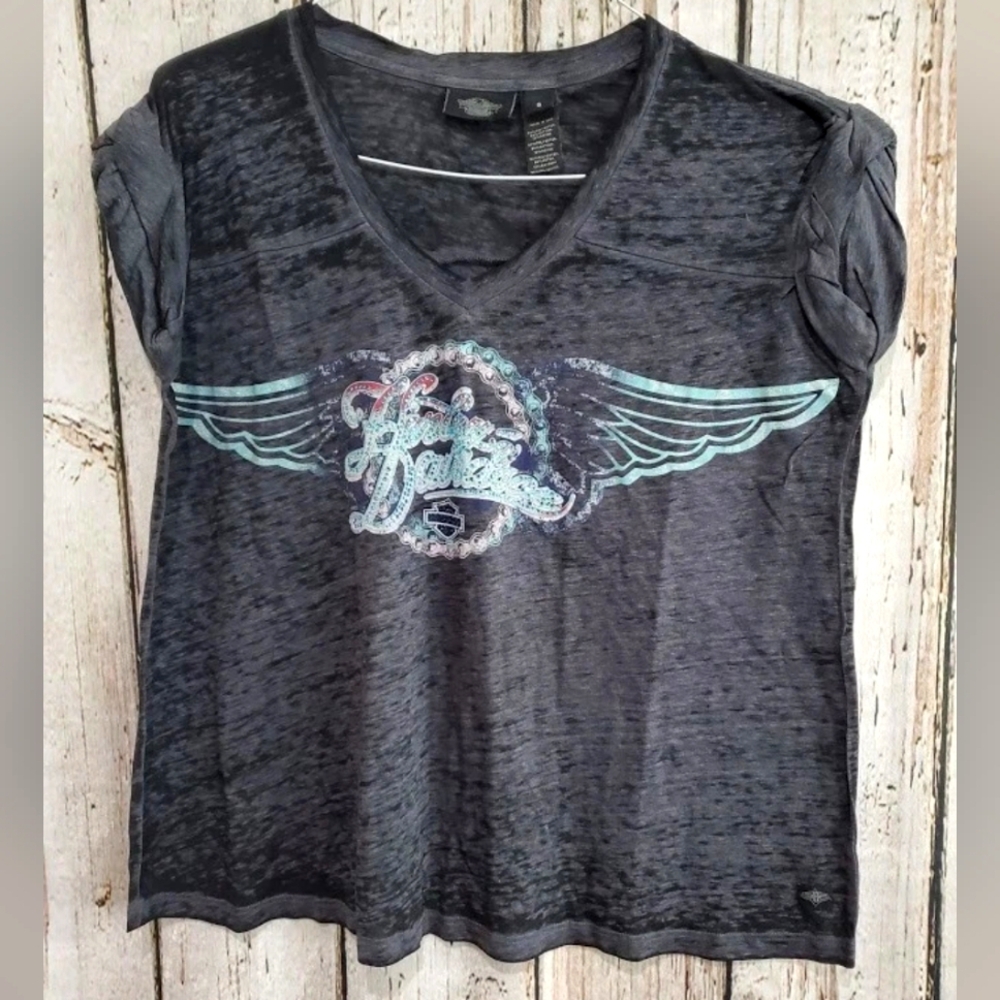 Harley Davidson Women's S Oversize Rolled Sleeve Sheer Rhinestone Tee‎ NWOT